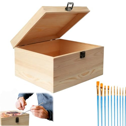 Unfinished Wooden Box 10x7x7 Inch with Hinged Lid & Clasp, Natural Pine Craft Storage Box for DIY Painting, Stain & Wood Burning, Includes 10 Paint Brushes