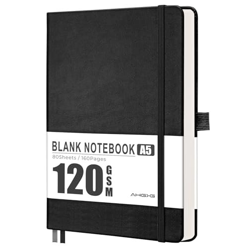 AHGXG Blank Journal Notebook, 160 Pages, A5 Medium Size (5.7'' x 8.3''), 120 GSM Thick Paper, Leather Hardcover, for Sketching, Drawing, Painting (Black) - color: Black, style: Unlined