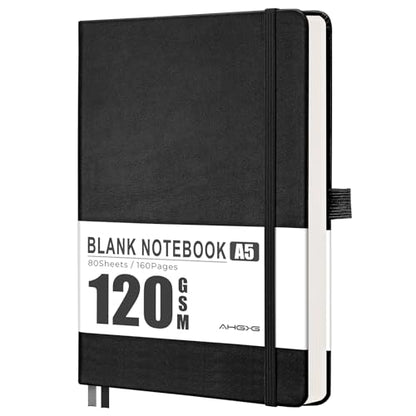 AHGXG Blank Journal Notebook, 160 Pages, A5 Medium Size (5.7'' x 8.3''), 120 GSM Thick Paper, Leather Hardcover, for Sketching, Drawing, Painting (Black) - color: Black, style: Unlined