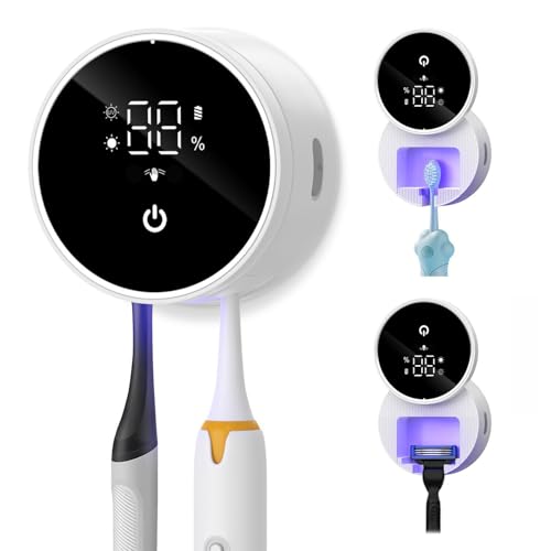Upgraded UV Toothbrush Sanitizer Holder with Infrared Sensor & Heat Drying, Temracha Wall-Mounted Toothbrush Holder for the Bathroom, LED Smart Display, Fits Toothbrushes & Razor, Portable for Travel - color: White