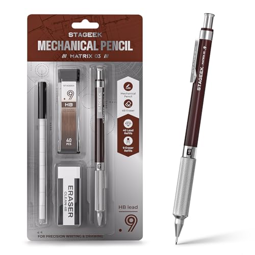 STAGEEK 0.9mm Mechanical Pencil, Metal Art & Drafting Pencil with Eraser and 40 HB Lead Refills, Professional Drawing Pencil for Artists, Students, School, Office, Writing, Sketching, Drafting(Brown) - color: Brown