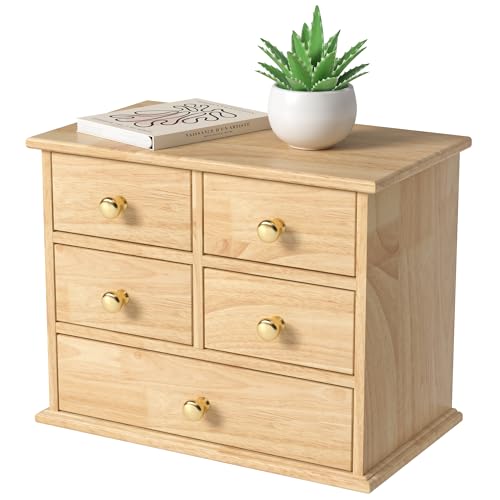 Oak Desk Organizer with Drawers, Wooden Desktop Storage Box with Metal Handles & Non-Slip Silicone Pads, 5 Drawer Tabletop Organizer for Office, Bedroom, Bathroom, Vanity, and Makeup – Natural Oak - color: Natural Oak, size: 5 Drawers