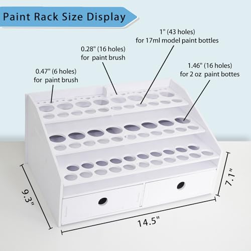 Krafetto Miniatures Paint & Paintbrush Storage Organizer Rack, Craft Paints Holder with Drawer, 43 Holes for Model Paint, 16 Holes for 2 oz Paints, 22 Holes for Brush