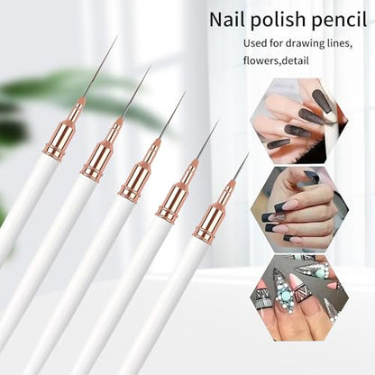 5PCS Liner Brushes for Nails, Nail Art Liner Brushes Set, 6/9/12/15/18mm Thin Detail Brush for Long Lines & Fine Drawing, UV Gel Polish Painting Nail Design Tools- White - color: White