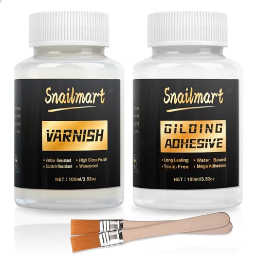 Gold Leaf Adhesive,100ml /3.52oz Water-Based Gold Leaf Glue & 100ml /3.52oz Protective Varnish with 2 Brushes - Ideal for Craft, Painting, Arts, DIY Projects - color: Gold (without gold leaf)