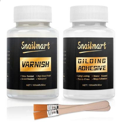Gold Leaf Adhesive,100ml /3.52oz Water-Based Gold Leaf Glue & 100ml /3.52oz Protective Varnish with 2 Brushes - Ideal for Craft, Painting, Arts, DIY Projects - color: Gold (without gold leaf)