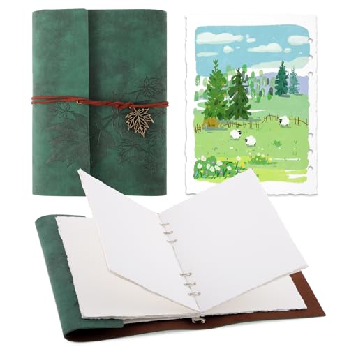 24 Sheets Watercolor Book with Military Green Leather Cover, 5.5x8.1inch Deckle Edge Water Color Paper, Cold Press Watercolor Journal, Mixed Media Sketchbook for Adults Students Artists Beginners - color: Green