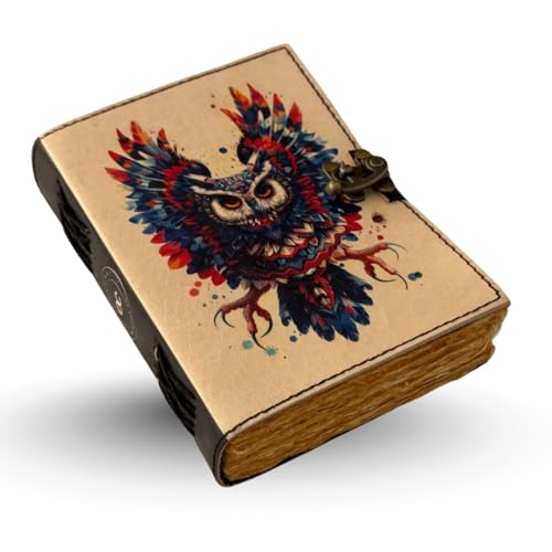 Oficart Handmade Leather Journal – Vintage Diary with Antique Lock & Eco-Friendly Cotton Paper | Celestial Notebook for Writing, Sketching, Travel, Art, Poetry, Spiritual & Gift Use (Owl) - color: Owl