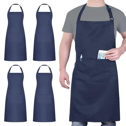 4 Pack Chef Apron, Waterproof Apron, Adjustable Apron with 2 Pockets for Men Women, Apron for Cooking Baking Restaurant (Polyester Blend, Navy Blue) - color: Navy Blue