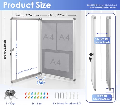SWANCROWN 24x18 in Enclosed Bulletin Board, Lockable Noticeboard, Grey Felt | 3xA4, Tamperproof, Shatterproof, Wall Mount, Silver Aluminum Frame, Display Case for Notice, Message, Menu, Poster - color: Sliver-g, size: 24x18 in