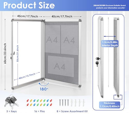 SWANCROWN 24x18 in Enclosed Bulletin Board, Lockable Noticeboard, Grey Felt | 3xA4, Tamperproof, Shatterproof, Wall Mount, Silver Aluminum Frame, Display Case for Notice, Message, Menu, Poster - color: Sliver-g, size: 24x18 in
