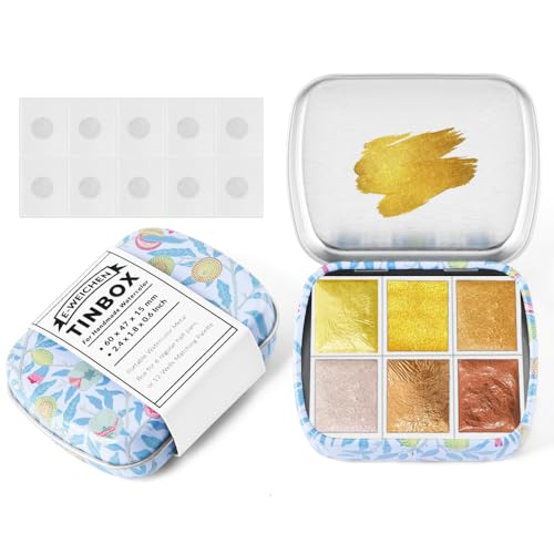 Art Supplies Handmade Watercolor Paint Set - 6 Metallic Gold Colors Half Pans Glitter Solid Water Color- Metal Case Sparkle Pearlescent Watercolour for Artists. White Gold - color: Solid Pigments-white Gold