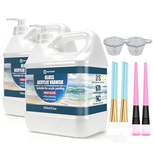 Large Gloss Acrylic Varnish with Pump, High Gloss Clear Sealer for Acrylic Paintings, Quick-Dry Water-Based Non-Toxic, UV & Yellowing Protection, Multi-Surface with Bonus Brush (2100ml) - size: 2100ml