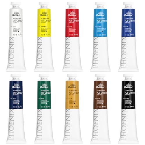 PHOENIX Studio Oil Paint Set - 10 Colors x 50ml / 1.69 Fl oz. - Professional Oil Based Art Paints for Painting - color: 10 colors