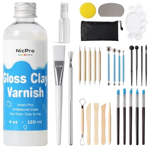 Nicpro 120ml Air Dry Clay Glaze and 32 PCS Clay Tools Kit, A Gloss Varnish Protects Clay from Surface Wear, Pottery Tools Can be Used for Stippling, Carving, Molding, and Shaping Crafts