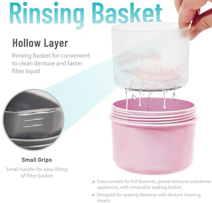 Denture Case with Denture Brush, Waterproof Denture Bath with Portable Denture Brush Holder,Partial Denture Case with Basket denture cups for soaking dentures (pink) - color: pink
