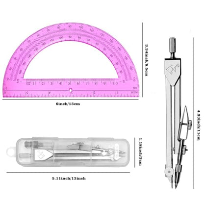 Students Geometry Math Set, Drawing Compass and 6 Inch Transparent Swing arm Protractor 180 Degree Math Protractor (Pink) - color: Pink