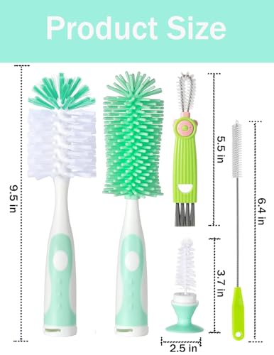 Baby Bottle Brush, 5 in 1 Bottle Cleaner Brush Set with Nylon and Silicone Bottle Brush, Straw Brush, Bottle Brush with Nipple Cleaner and Suction Cup, Cup Lid Cleaner Brushes Kit, BPA-Free (Green) - color: Green-nylon & Silicone Brush