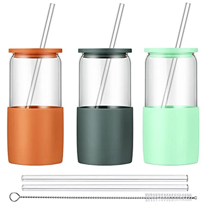 Sunseeke Glass Tumbler with Straw and Lid, 16oz Ice Coffee Cup, Silicone Sleeve Cleaning Brushes, Drinking Glasses for Water, Iced Coffee, Smoothie -BPA Free -3Pack - color: Butteruum, Slate blue-gray, Light green