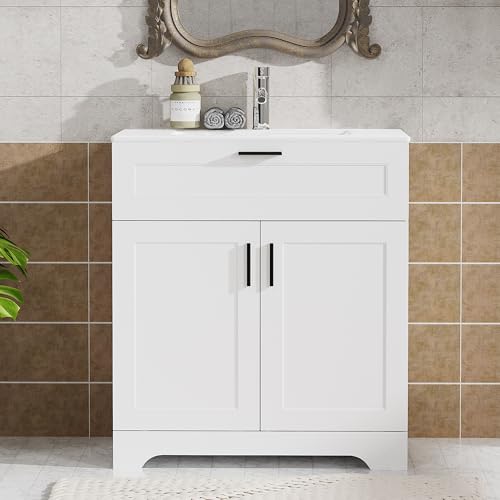 30 inch Bathroom Vanity with Ceramic Sink, Bathroom Sink and Cabinet Combo Set, Wood Vanity with Hidden Storage, Vanity Sinks for Bathrooms, Painted Surface (White, 30 inch) - color: White, size: 30 inch With Sink