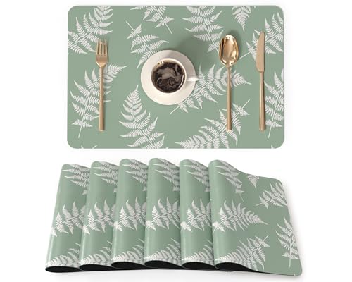 QIYI Placemats Set of 6, 12x18 Inch Faux Leather Place Mats for Kitchen Dinning, Heat Resistant Anti Slip Green White Table Mats, Waterproof Wipeable Washable Placemat Party Table Décor, Fern Leaves - color: Fern Leaves, size: Set of 6