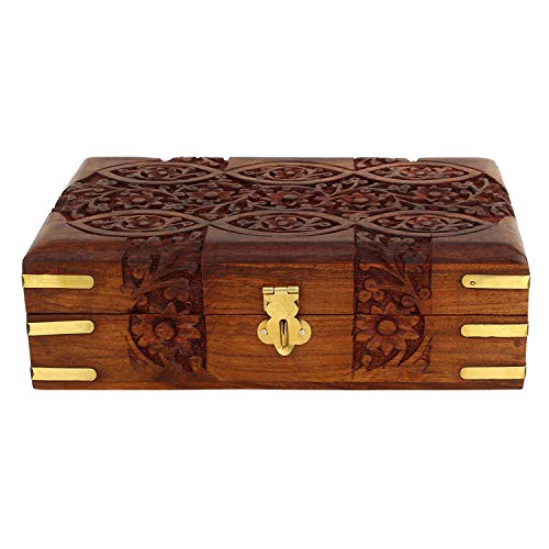 Ajuny Handcarved Treasure Chest Wooden Decorative Jewelry Storage Box Eye Floral Design Multipupose Small Memory Keepsake Box Pretty Gift Box Wood Trinket Boxes - 8X5 Inch