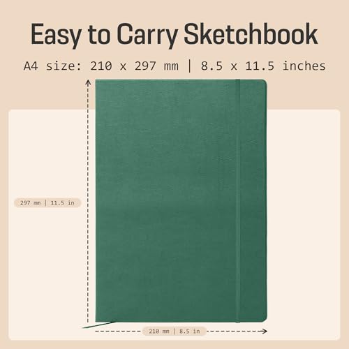 BROWNSTONE JOURNALS A4 Sketch Book Hardcover - 80 Sheets 100 GSM Paper 8.5"x11.5", Lay Flat, Vegan Leather Cover, Elastic Band, Back Pocket, Art Drawing Book (Dartmouth Green) - color: Dartmouth Green, size: A4 (8.5" x 11.5")