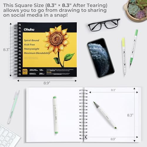 Ohuhu Marker Pads Art Sketchbook - 8.3" x 8.3" Portable Square Size -120 LB/200 GSM Drawing Papers - 60 Sheets/120 Pages - Spiral Bound Sketch Drawing Book for Alcohol Markers Christmas Gift - size: 8.3" x 8.3"