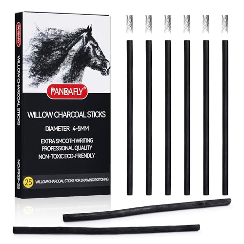 PANDAFLY Willow Charcoal Sticks, Soft, 4-5mm, 25 Pack, Black Artist Vine Charcoal, For Artists, Beginners, Students, Ideal for Sketching, Drawing, Shading, Fine Art - size: 4-5mm