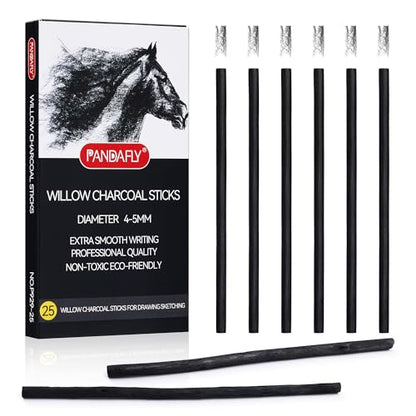 PANDAFLY Willow Charcoal Sticks, Soft, 4-5mm, 25 Pack, Black Artist Vine Charcoal, For Artists, Beginners, Students, Ideal for Sketching, Drawing, Shading, Fine Art - size: 4-5mm