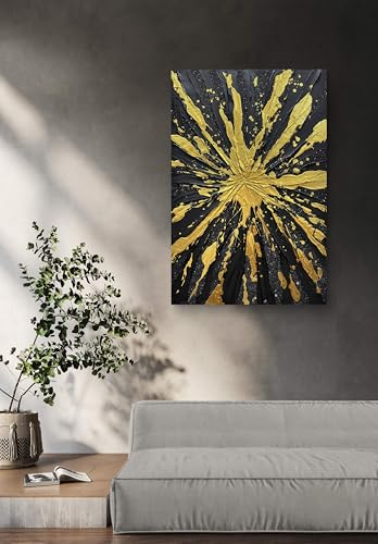 V-inspire Art Modern Abstract Canvas Wall Art, Black and Gold Starburst Design, Hand-Painted Oil Acrylic, 28x40 Inch