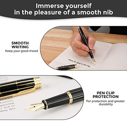 Tiankool Luxury Fountain Pen,Fine Nib, Exquisite Pen Gift Set for Men&Women-Includes 10 Ink Cartridges&Ink Converter- Nice Pens - Black - Gold Plaid - color: Black - Gold Plaid
