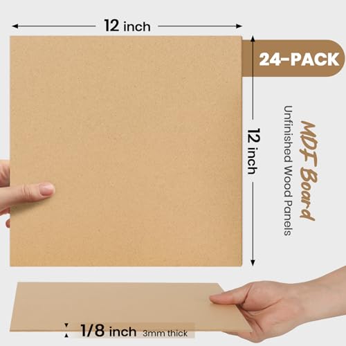CALPALMY 24-Pack MDF Board 1/8 Inch Thick 12" x 12" Unfinished Wood Panels, 3mm Thick Medium Density Fiberboard Wood Boards for Crafts, Painting, Carpentry, Engraving, Interior Design, and More - size: 12 x 12 x 1/8" (24 Pack)