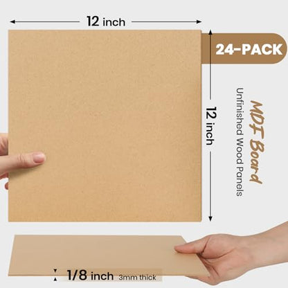 CALPALMY 24-Pack MDF Board 1/8 Inch Thick 12" x 12" Unfinished Wood Panels, 3mm Thick Medium Density Fiberboard Wood Boards for Crafts, Painting, Carpentry, Engraving, Interior Design, and More - size: 12 x 12 x 1/8" (24 Pack)