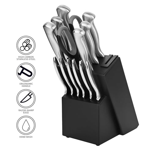 15-Piece Stainless Steel Chef Kitchen Knife Sets with Block & Built-In Sharpener, Professional Chef Knife Sets with Scissors, Steak Knives - color: Silver