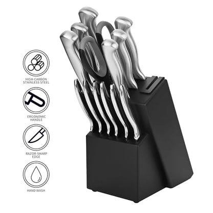 15-Piece Stainless Steel Chef Kitchen Knife Sets with Block & Built-In Sharpener, Professional Chef Knife Sets with Scissors, Steak Knives - color: Silver
