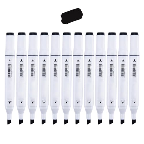 12Pcs Alcohol Markers Pure Color Series,Dual Tip Art Solid Color Markers Set for Adults Beginner Drawing Sketching(Black) - color: Black