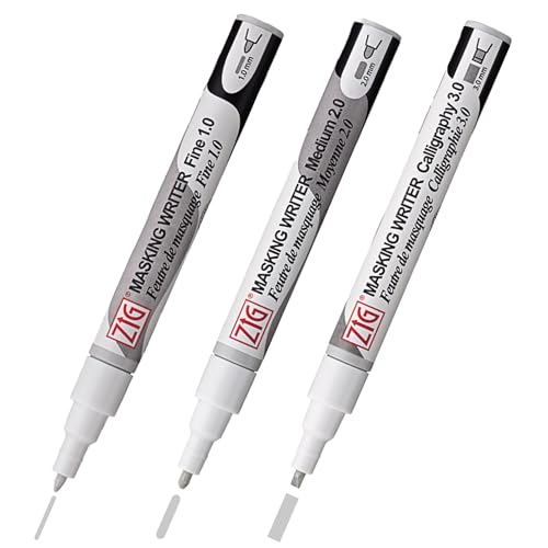 Kuretake ZIG MASKING WRITER, 3 variety set, fluid pen marker, Fine 1mm, Medium 2mm, Calligraphy with corners 3mm, drawing, watercolor paint, Made in Japan