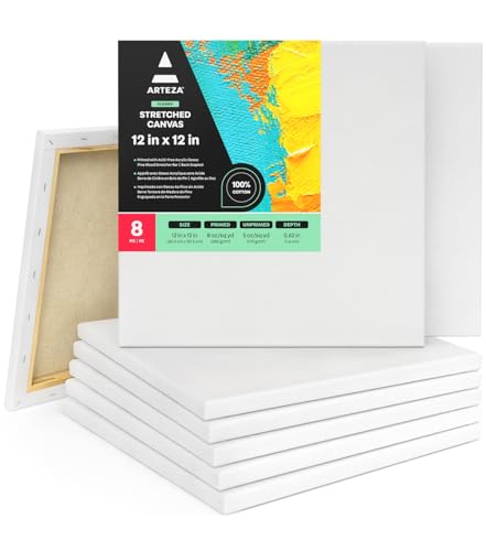 ARTEZA Stretched Canvas, 12 x 12 Inches, Pack of 8, Blank White Square Canvas for Painting for Acrylic, Oil and Gouache Paints - color: White - Classic, size: 12 x 12 (Pack of 8)
