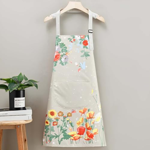 Floral Aprons with Pocket Blooming Women Waterproof Apron Adjustable Neck Long Ties Women Men Cook Baking Garden - color: Butterfly Beige