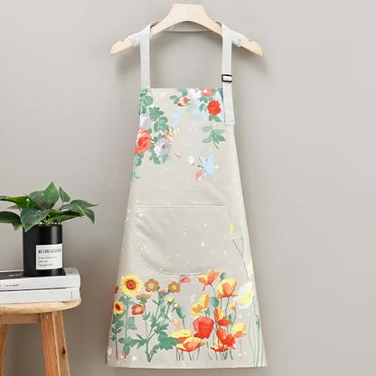 Floral Aprons with Pocket Blooming Women Waterproof Apron Adjustable Neck Long Ties Women Men Cook Baking Garden - color: Love Print