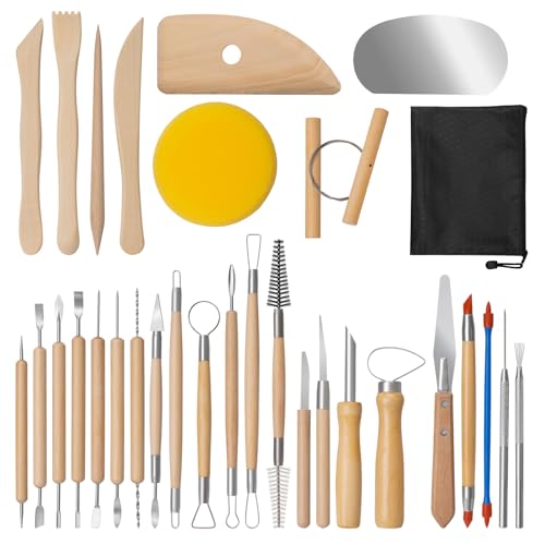 Amrules Clay Tools Kit, 31 PCS Pottery Tools, Practical Polymer Clay Sculpting Tools Kit, Air Dry Clay Tools Set for Beginner, Adults, Pottery Craft, Carving, Drawing, Molding, Modeling, Shaping - color: Lightyellow-31Pcs