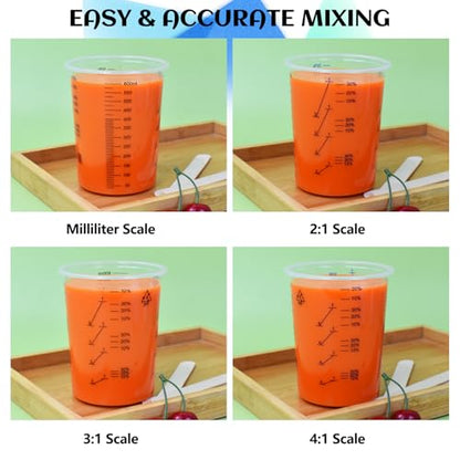 Artcome Mixing Cup Kit - 50 PC 20oz (600ml) Plastic Measuring Cups, 50 PC Wooden Mixing Sticks, 100 PC 40ml Disposable Small Cups, 10 PC Stirring Rods - Ideal for Epoxy Resin, Paint & Liquid Mixing
