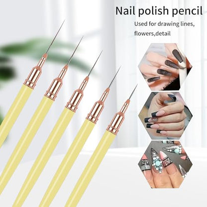 5PCS Liner Brushes for Nails, Nail Art Liner Brushes Set, 6/9/12/15/18mm Thin Detail Brush for Long Lines & Fine Drawing, UV Gel Polish Painting Nail Design Tools- Yellow - color: Yellow