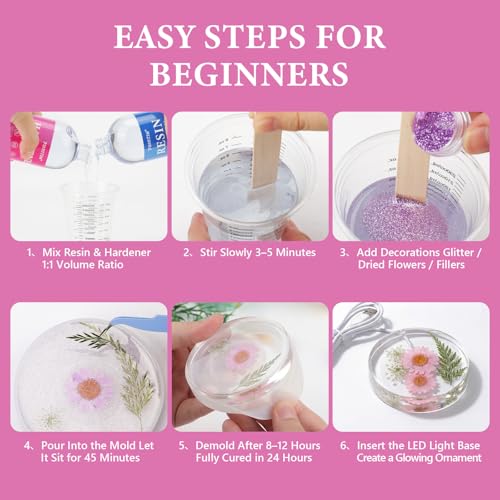 Epoxy Resin Kit with Light for Beginners, 34OZ Epoxy Kit with Dried Flowers, Measuring Cups and Resins Supplies, Resin Kit and Molds Complete Set DIY Crafts for Adults, Epoxy Set with Vase Mold - size: 34oz