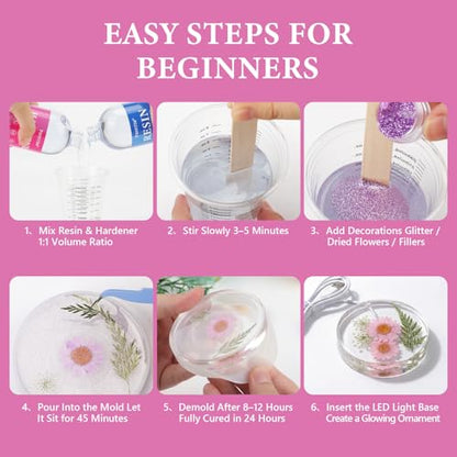 Epoxy Resin Kit with Light for Beginners, 34OZ Epoxy Kit with Dried Flowers, Measuring Cups and Resins Supplies, Resin Kit and Molds Complete Set DIY Crafts for Adults, Epoxy Set with Vase Mold - size: 34oz