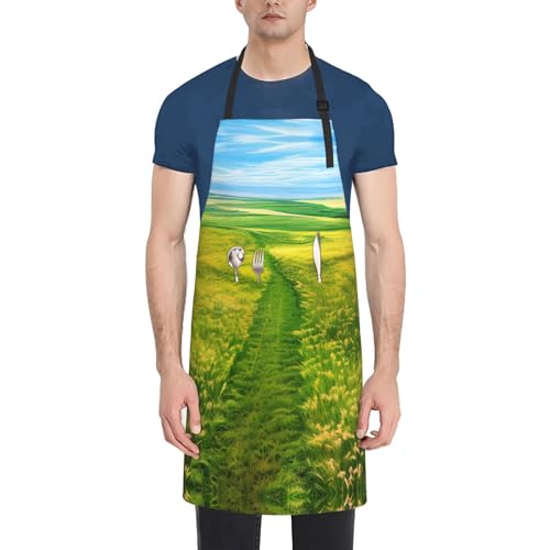 Round watercolor painting Heavy Duty Waterproof Apron with Pockets for AdultsResistant Grilling, Gardening, Painting - color: Grassland Paths