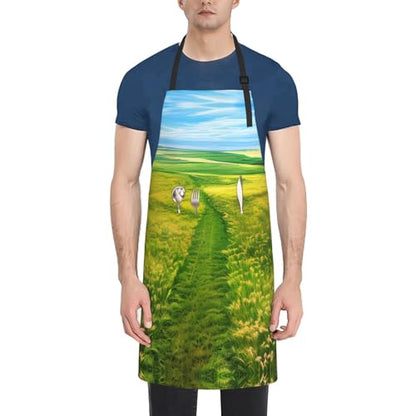 Round watercolor painting Heavy Duty Waterproof Apron with Pockets for AdultsResistant Grilling, Gardening, Painting - color: Grassland Paths