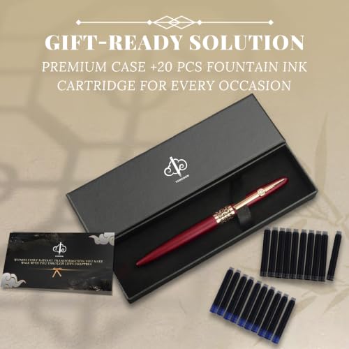 YUNCHUN Refillable Fountain Pen Medium Nib, Fancy Ink Pen with 10 Black & 10 Blue Ink Refills Cartridges, Cool Ink Pens for Writing, Business Metal, Best Gift Set for Men & Women, Red - color: Red, style: Medium Point