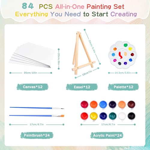 12Pack 8x10 Inch Canvas and Easel Set, Sip and Paint Kit for Adults,Art Canvas Bulk with Easels Stands, Trays,Small Paint Brushes,12 Colors Mini Acrylic Paint Set for Couples,Kids and Party Supplies